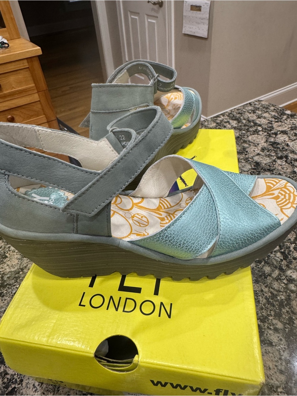 Fly London Women's Teal Metallic and Sage Wedge Sandals